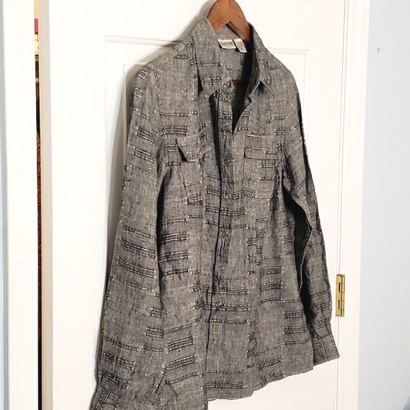 Linen Full Snap Button Down Minimalist Capsule Neutral Shirt 0/small Chico's - Picture 5 of 15